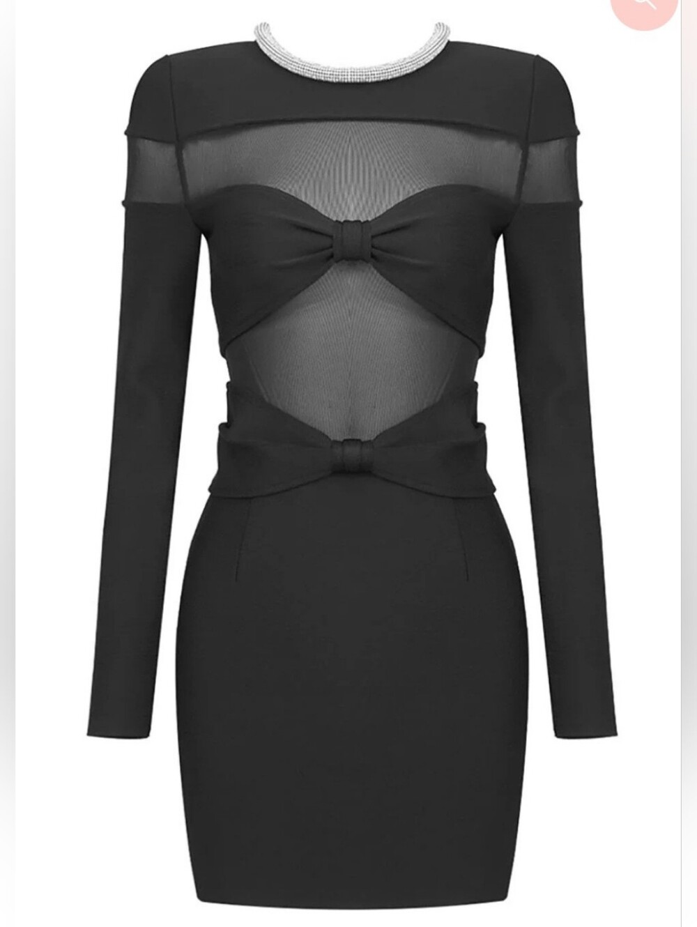 In Vogue Black Bandage Mini Dress L Crystal Rhinestone Mesh Bow Bodycon